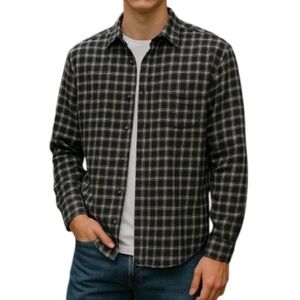 BLACK BROWN 1826 Men’s Plaid Grey Mix Flannel Shirt Long Sleeves Preppy Size L